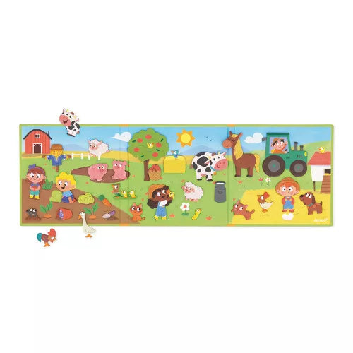 Detachable cow rooster goose magnets on JANOD farm scene mat