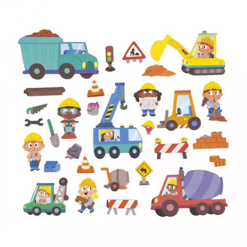 Flat lay of Janod Magnéti'stories construction vehicle and tool magnetic pieces