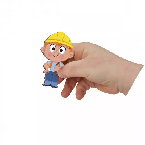 Close-up of child worker magnetic figure in yellow hard hat and overalls