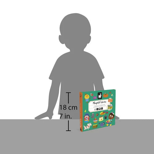 JANOD Magnéti'stories magnetic garden book size reference showing 18cm height next to child silhouette