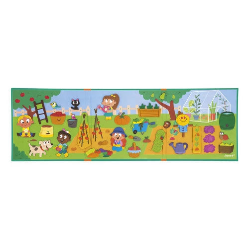Full view JANOD magnetic garden play mat with scarecrow greenhouse and cartoon children scene