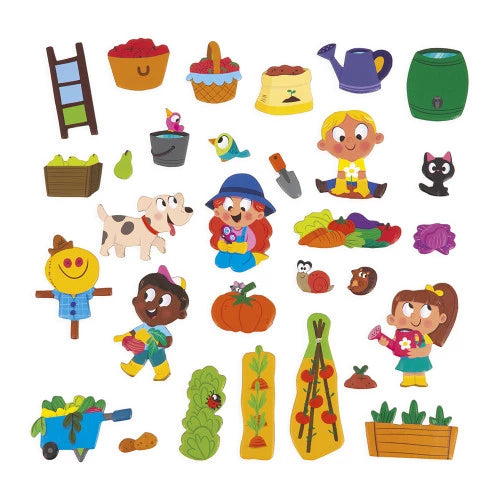 Set of 30 JANOD magnetic pieces including scarecrow vegetables tools and animals for garden play