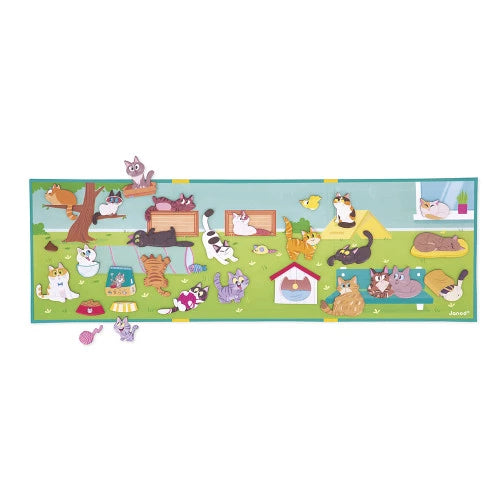 Close-up of Janod Les Chats magnetic garden scene with climbing and resting cat figures