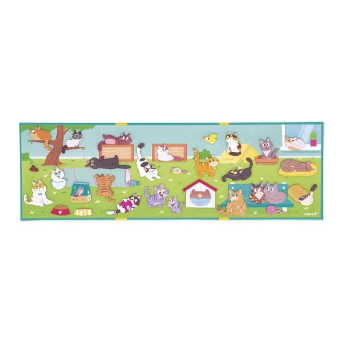 Full view of Janod Les Chats magnetic play mat featuring cats in garden settings