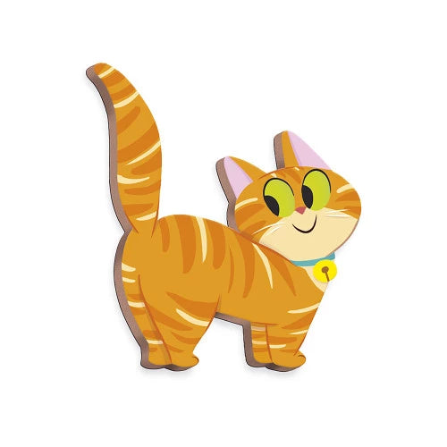 Orange tabby wooden cat magnet with green eyes and blue bell collar