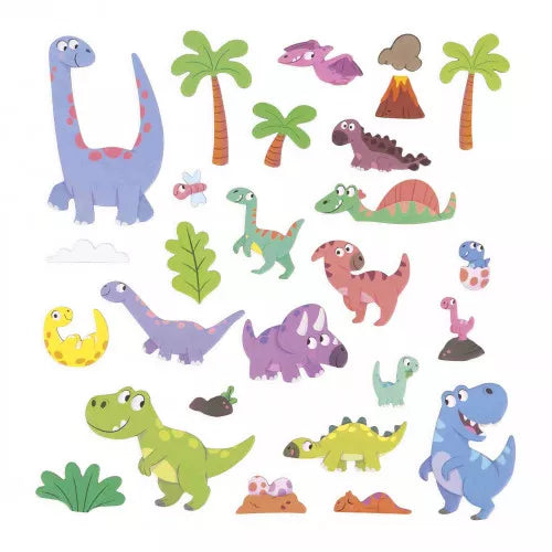 Set of 30 colorful cartoon dinosaur magnets including volcano and eggs