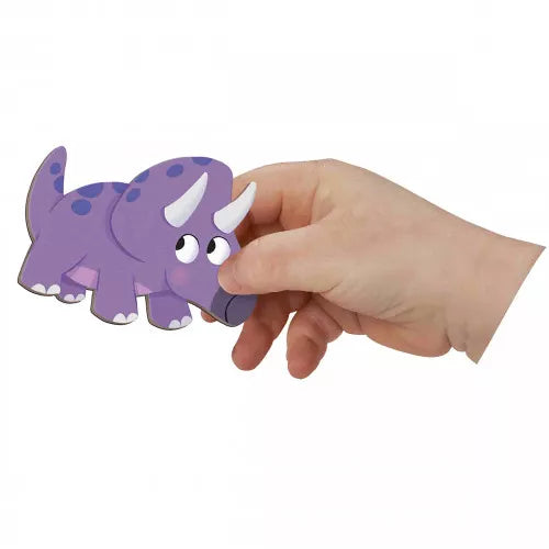 Purple cartoon Triceratops magnetic piece with blue spots and three horns