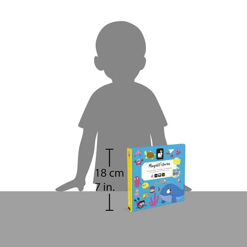 JANOD ocean magnetic storybook side view showing 18cm height next to child