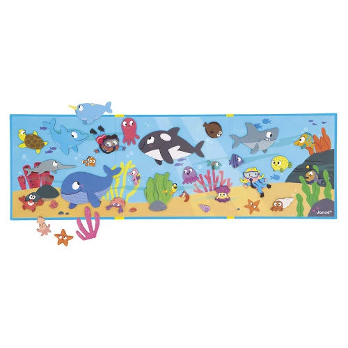 Interactive JANOD ocean magnetic storybook magnets floating above play mat