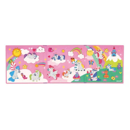 Unfolded JANOD unicorn magnetic scene with castle and rainbows