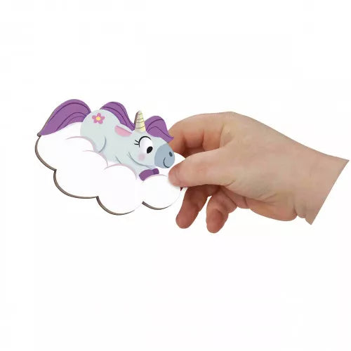 Sleeping unicorn magnet piece with purple mane and flower