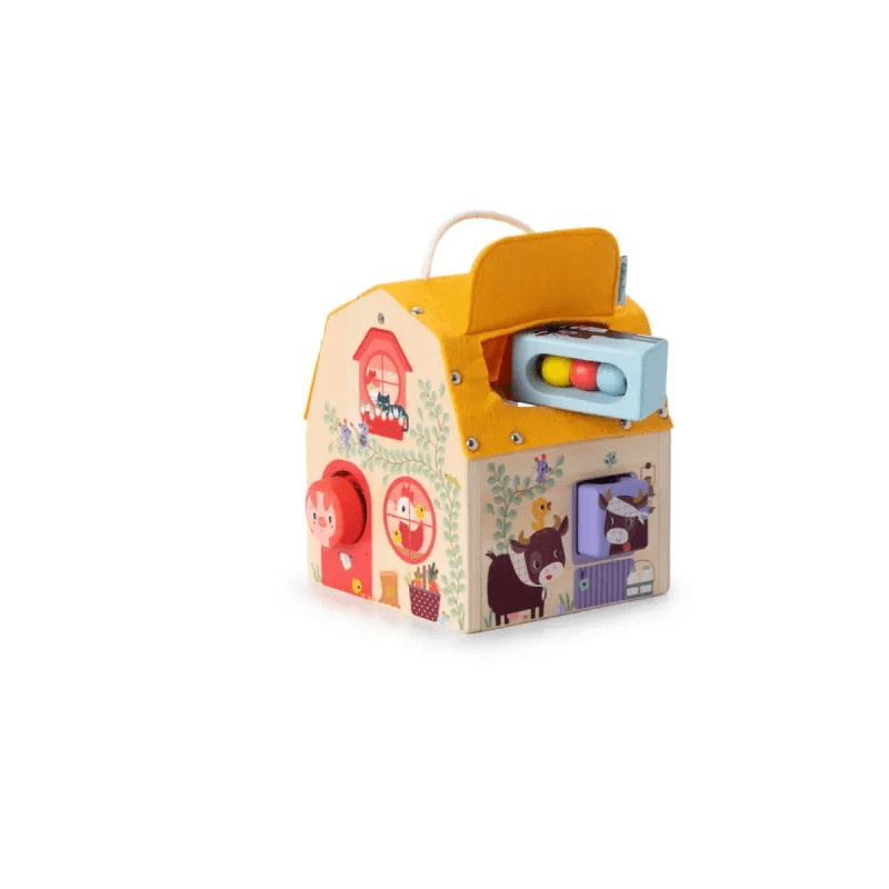 Lilliputiens wooden farm barn toy with yellow felt roof and four shape-sorting blocks