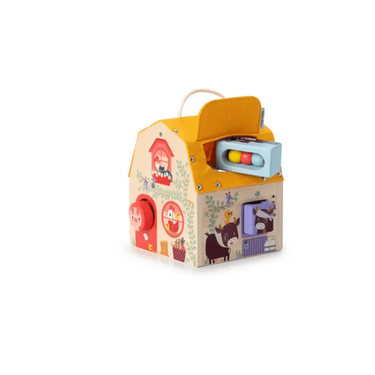 Lilliputiens wooden farm barn toy with yellow felt roof and four shape-sorting blocks