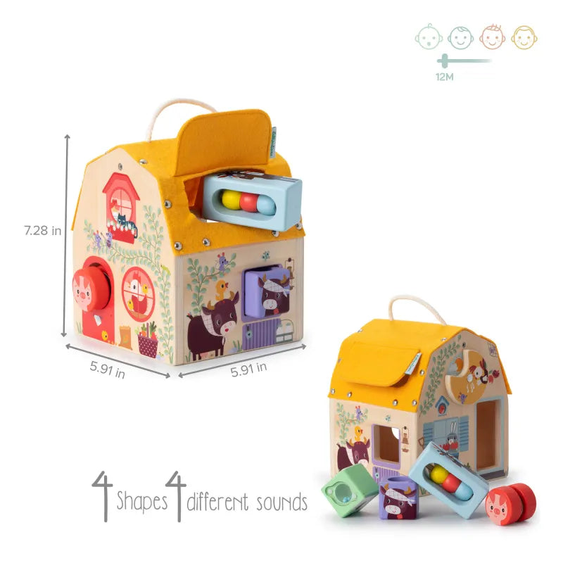 Maison Sonore wooden barn toy dimensions showing 4 shapes 4 sounds for toddlers