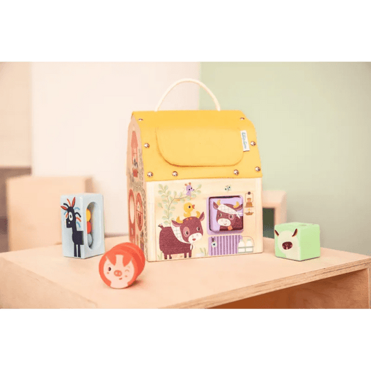 Farm animal shape sorter toy with colorful wooden blocks and musical sound module