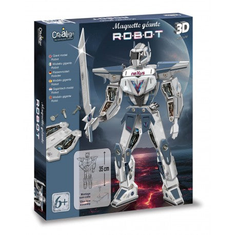 35 cm assembled white and blue robot model kit box with mechanical details