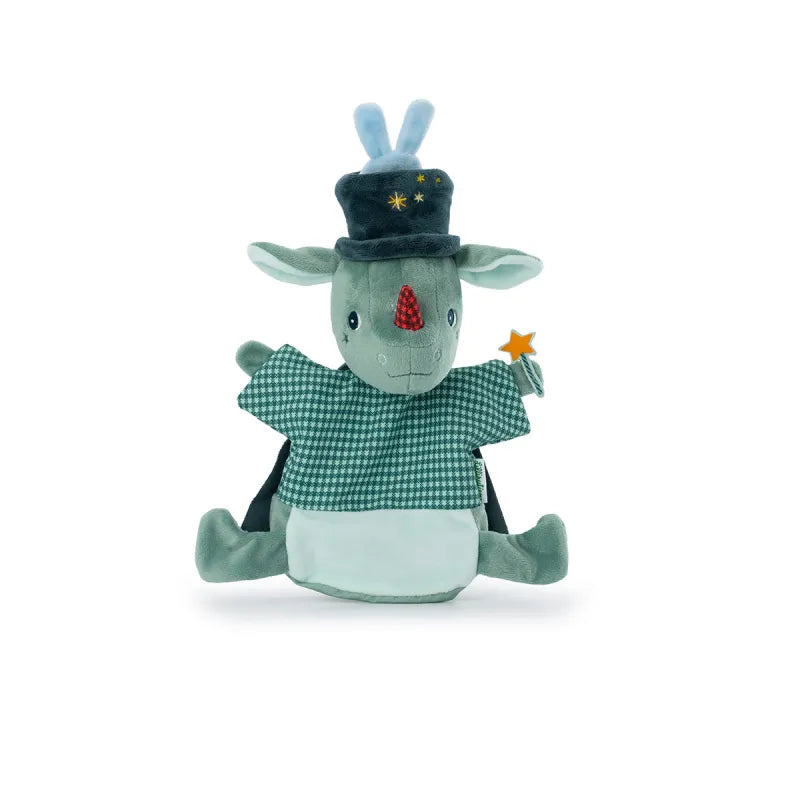 Green rhino hand puppet front view holding star detail