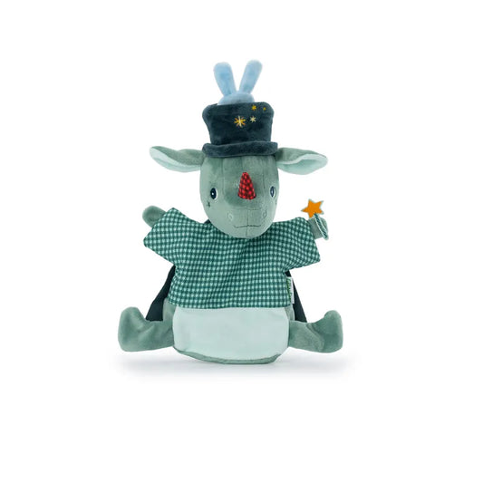 Green rhino hand puppet front view holding star detail