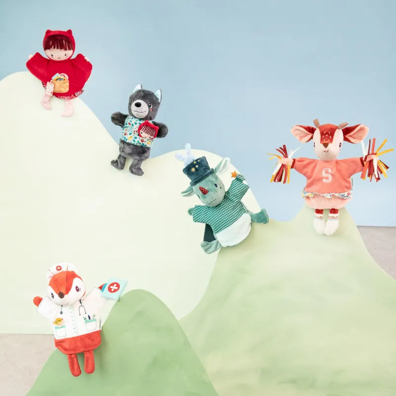 Set of five Lilliputiens plush hand puppets including rhino