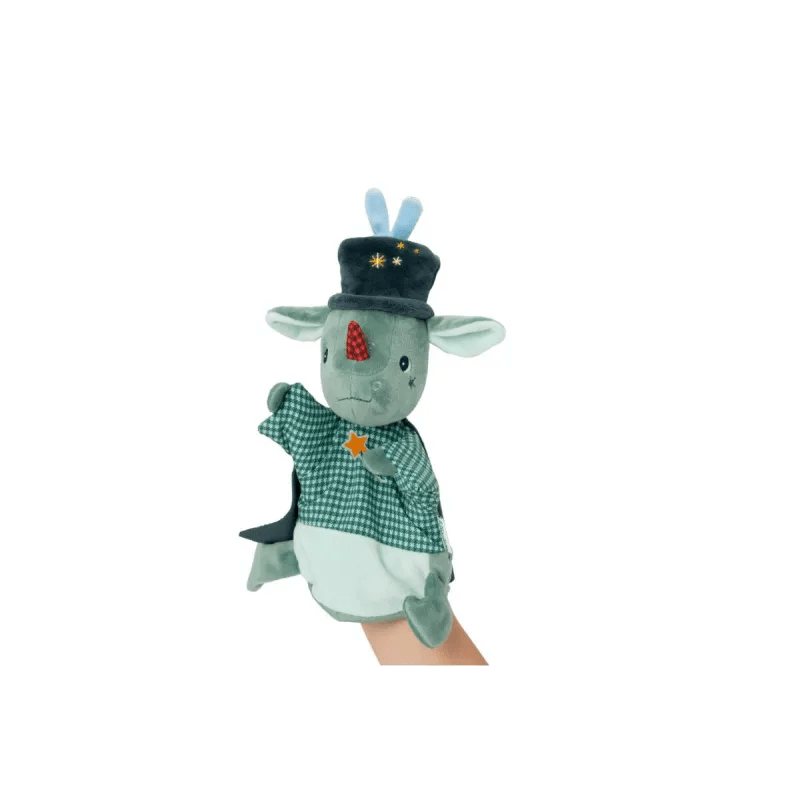 Lilliputiens green rhino hand puppet with top hat and checkered shirt