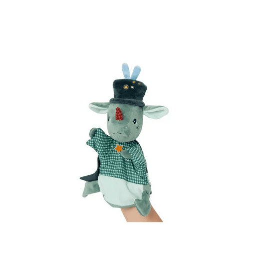 Lilliputiens green rhino hand puppet with top hat and checkered shirt