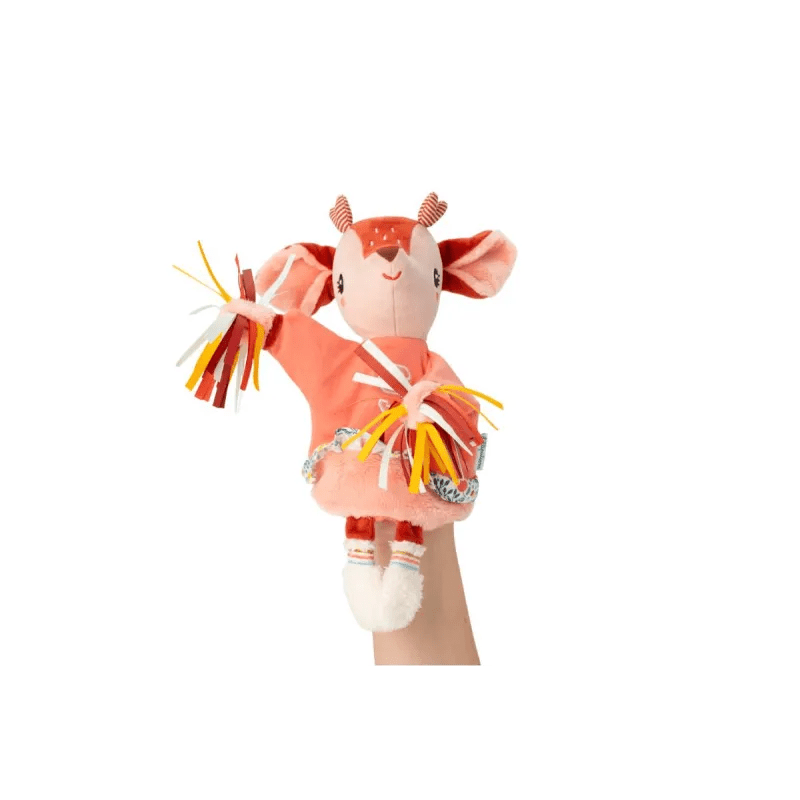 Stella hand puppet worn on hand showing coral top and striped antlers