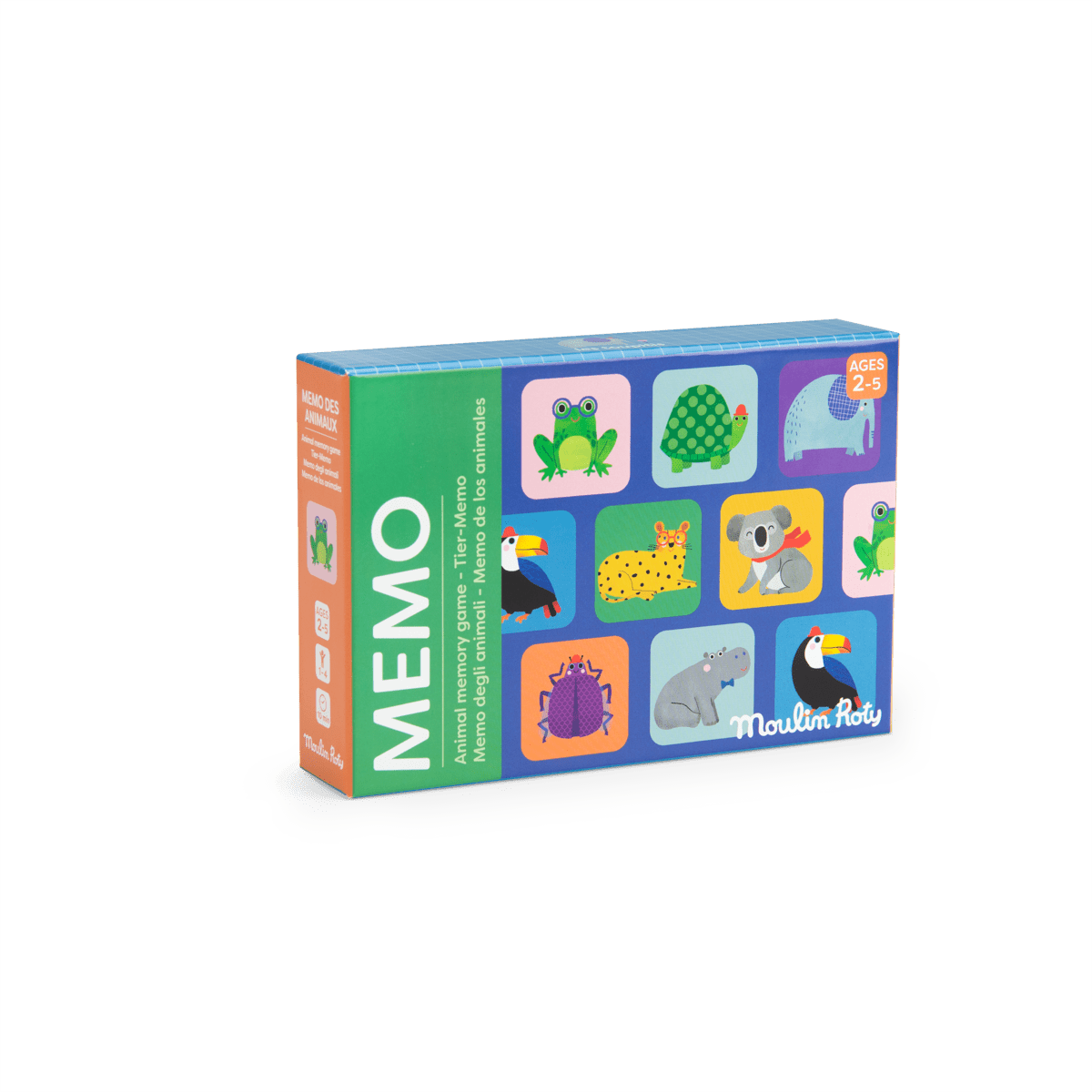 Moulin Roty Memo des Animaux children's card game box front view with green spine and orange age tag