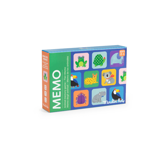 Moulin Roty Memo des Animaux children's card game box front view with green spine and orange age tag