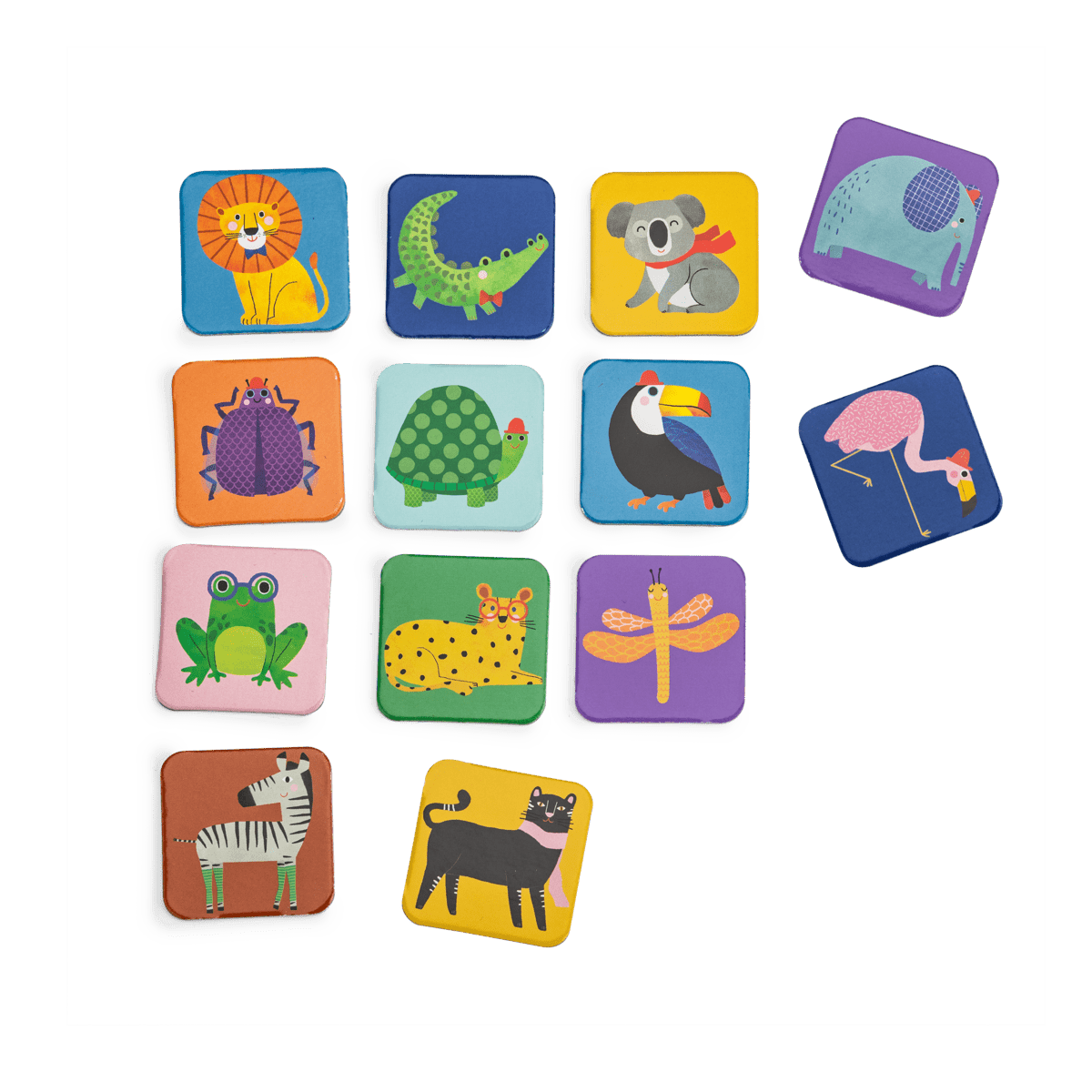Flat lay of twelve square wooden animal memory cards featuring lion, koala, elephant, and zebra illustrations