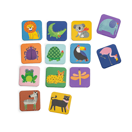 Flat lay of twelve square wooden animal memory cards featuring lion, koala, elephant, and zebra illustrations