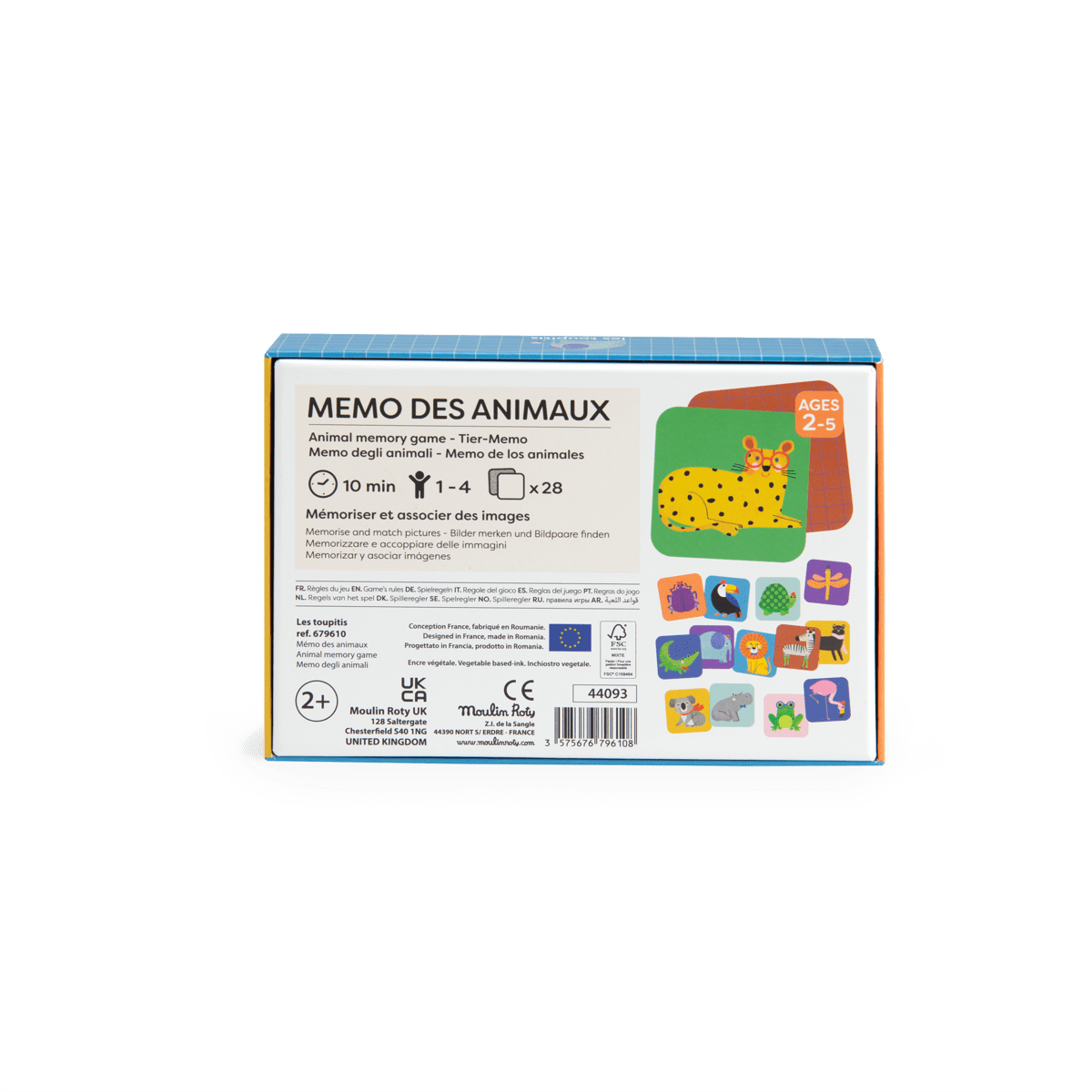 Moulin Roty Memo des Animaux game box back showing age 2-5, 1-4 players, and 28 cards