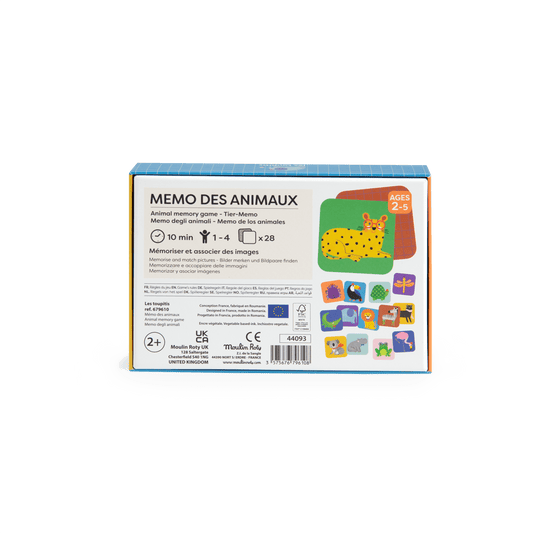 Moulin Roty Memo des Animaux game box back showing age 2-5, 1-4 players, and 28 cards