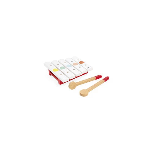 JANOD Confetti mini xylophone with red base, five colored keys, and wooden mallets