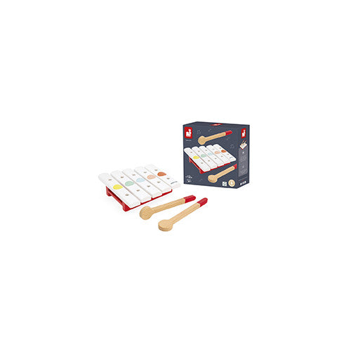 JANOD Confetti wooden mini xylophone with five colored keys and mallets in packaging