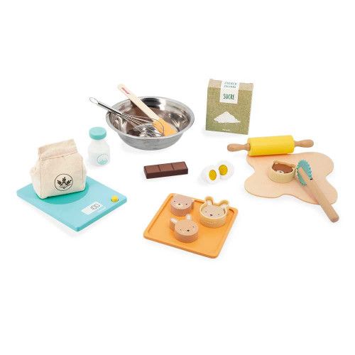 Complete JANOD Mon Atelier Pâtisserie toy set with stainless steel bowl and flour sack
