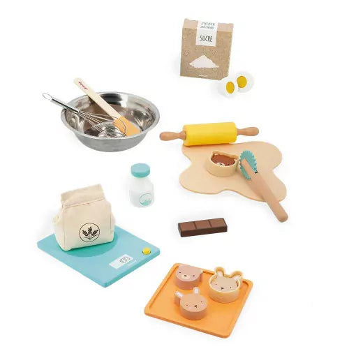 JANOD kids wooden baking set flat lay with scale, rolling pin and animal molds
