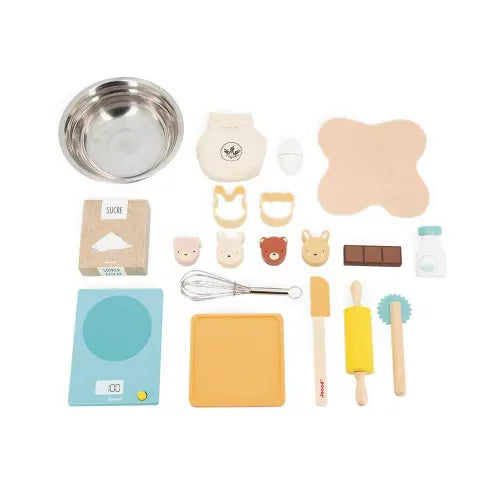 JANOD children's wooden baking accessories laid out including rabbit and bear cookie cutters