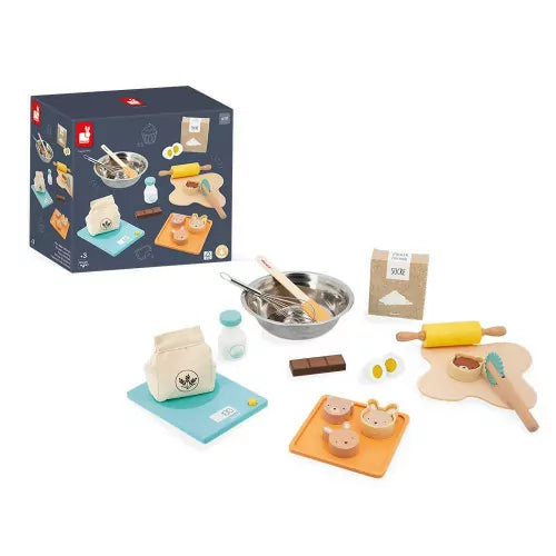 JANOD kids wooden kitchen playset with original blue box and all included baking tools