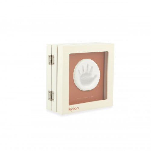 Closed cream wooden triptych frame with handprint and Kaloo logo