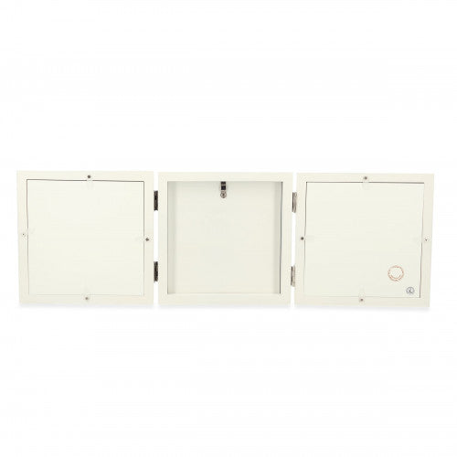 Back view of openable wooden triptych panels with hinges and latch