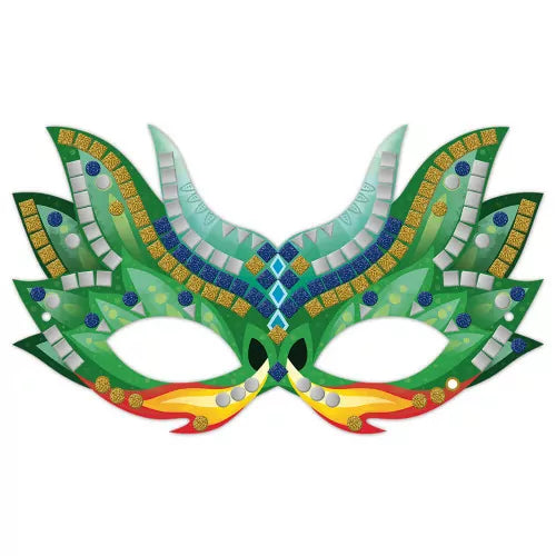 Green leaf mask with teal gold and flame motif mosaics