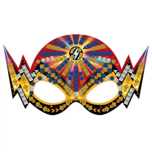 Superhero mask with red yellow sunburst and black lightning bolt design