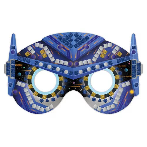 Space themed craft mask with blue gold and silver mosaic tiles