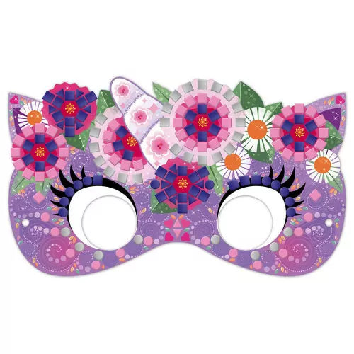 Purple unicorn craft mask with horn and floral mosaic details