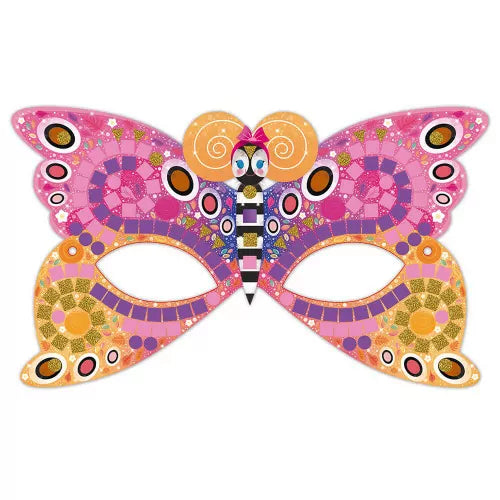 Butterfly craft mask with pink orange and gold mosaic wings