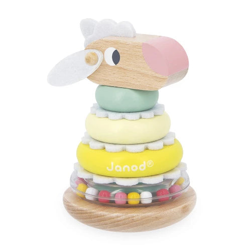 Front view of assembled Janod wooden sheep stacking toy with natural wood grain