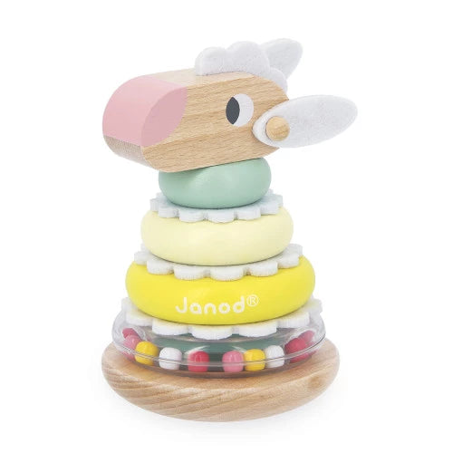 Close-up of Janod wooden sheep stacking toy with felt wool and bead-filled ring