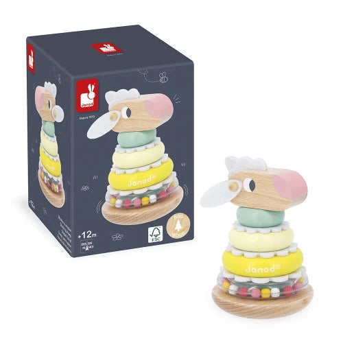 Janod wooden sheep stacking toy set with packaging showing colorful rings and beads