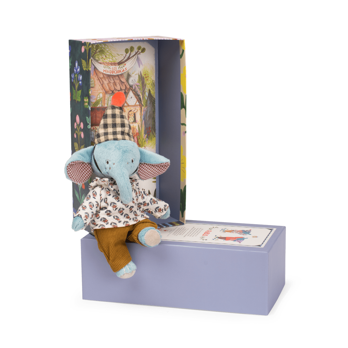 Blue elephant doll sitting in open lavender presentation box with illustrated sleeve
