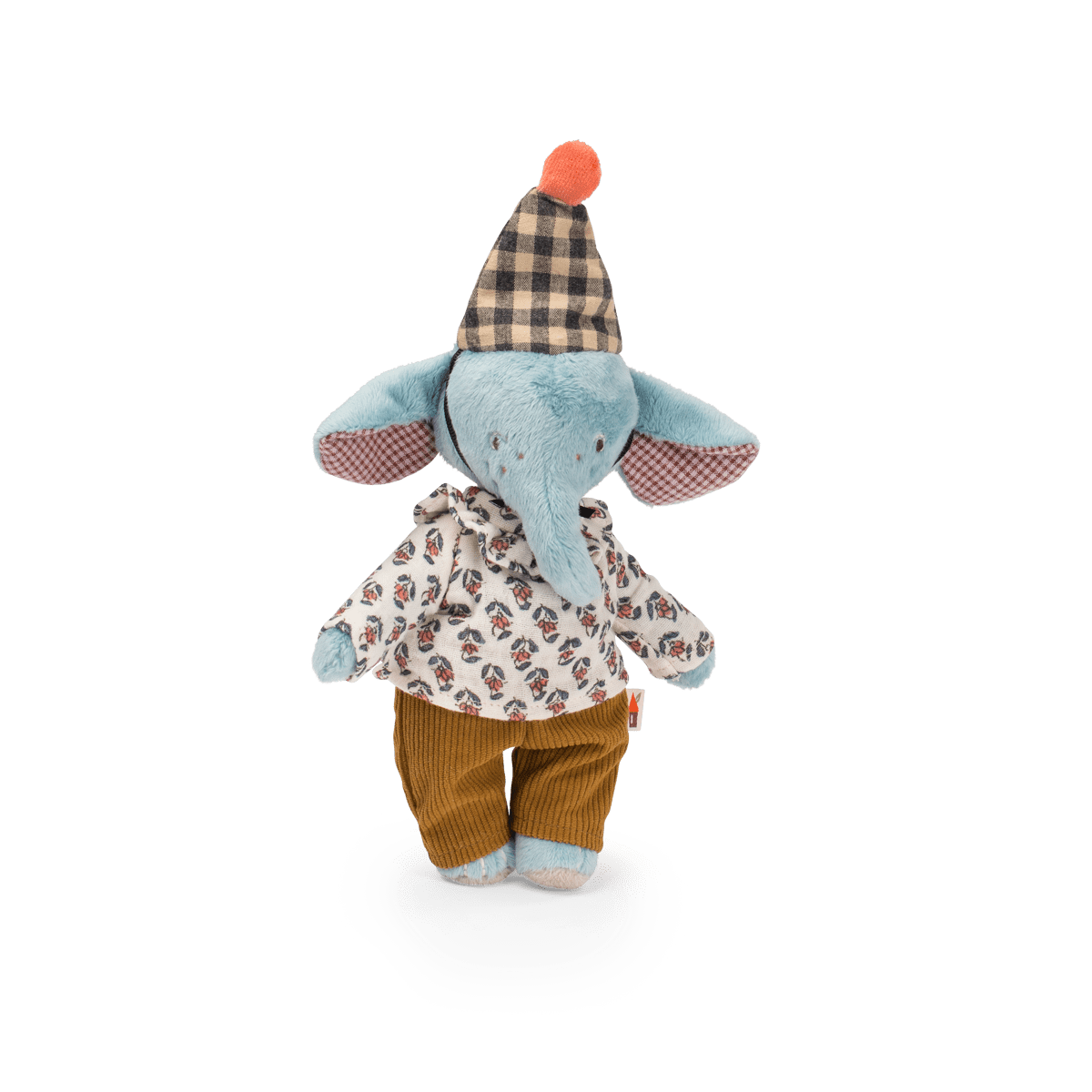 Blue elephant articulated plush doll wearing floral shirt and brown corduroy trousers